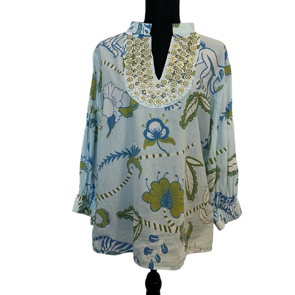 Sheridan French Long Sleeve Blue Beaded Blue Floral Tiger Cotton Size Large